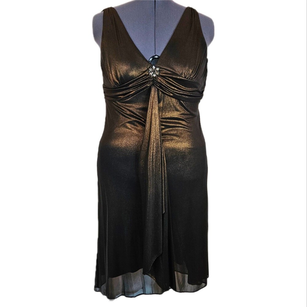 R & M Richards Brown Metallic Babydoll Midi Dress Women's 14 Sheer Ruched Glam